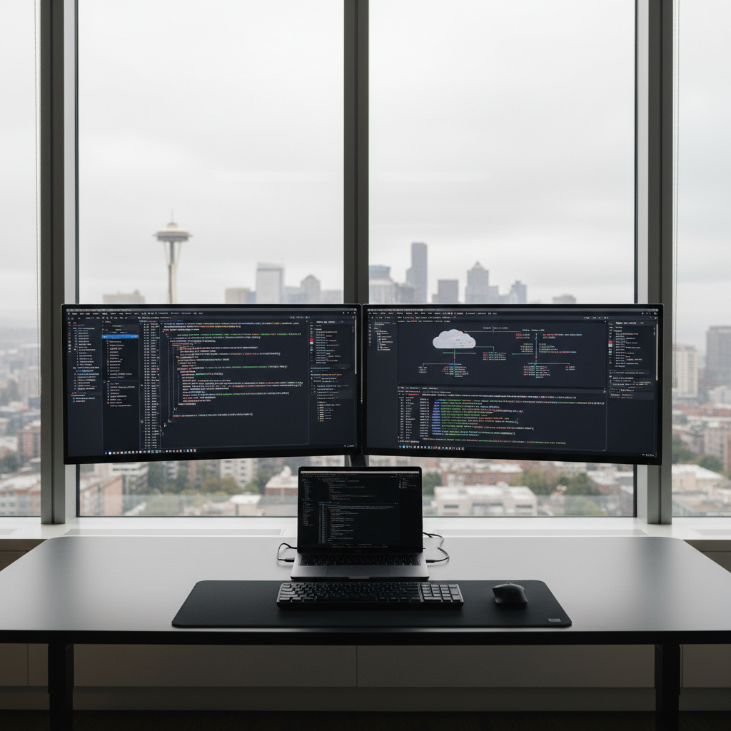A sleek dual-monitor software engineering workstation in a high-rise Seattle office, with floor-to-ceiling windows revealing a slightly overcast skyline and the faint outline of the Space Needle in the distance. On a matte black desk, a slim laptop and two ultra-wide monitors display complex code, architectural diagrams, and system logs in dark themes. Soft, diffused daylight fills the room, creating gentle reflections on the screens and subtle shadows under the keyboard. Captured at eye level with a clean, centered composition and shallow depth of field, the focus is on the crisp, legible interfaces. The mood is professional and focused, with a photographic realism and modern, minimalist aesthetic that conveys a calm, productive engineering environment.