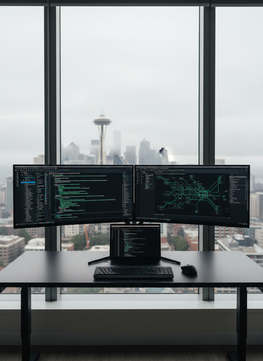 A sleek dual-monitor software engineering workstation in a high-rise Seattle office, with floor-to-ceiling windows revealing a slightly overcast skyline and the faint outline of the Space Needle in the distance. On a matte black desk, a slim laptop and two ultra-wide monitors display complex code, architectural diagrams, and system logs in dark themes. Soft, diffused daylight fills the room, creating gentle reflections on the screens and subtle shadows under the keyboard. Captured at eye level with a clean, centered composition and shallow depth of field, the focus is on the crisp, legible interfaces. The mood is professional and focused, with a photographic realism and modern, minimalist aesthetic that conveys a calm, productive engineering environment.