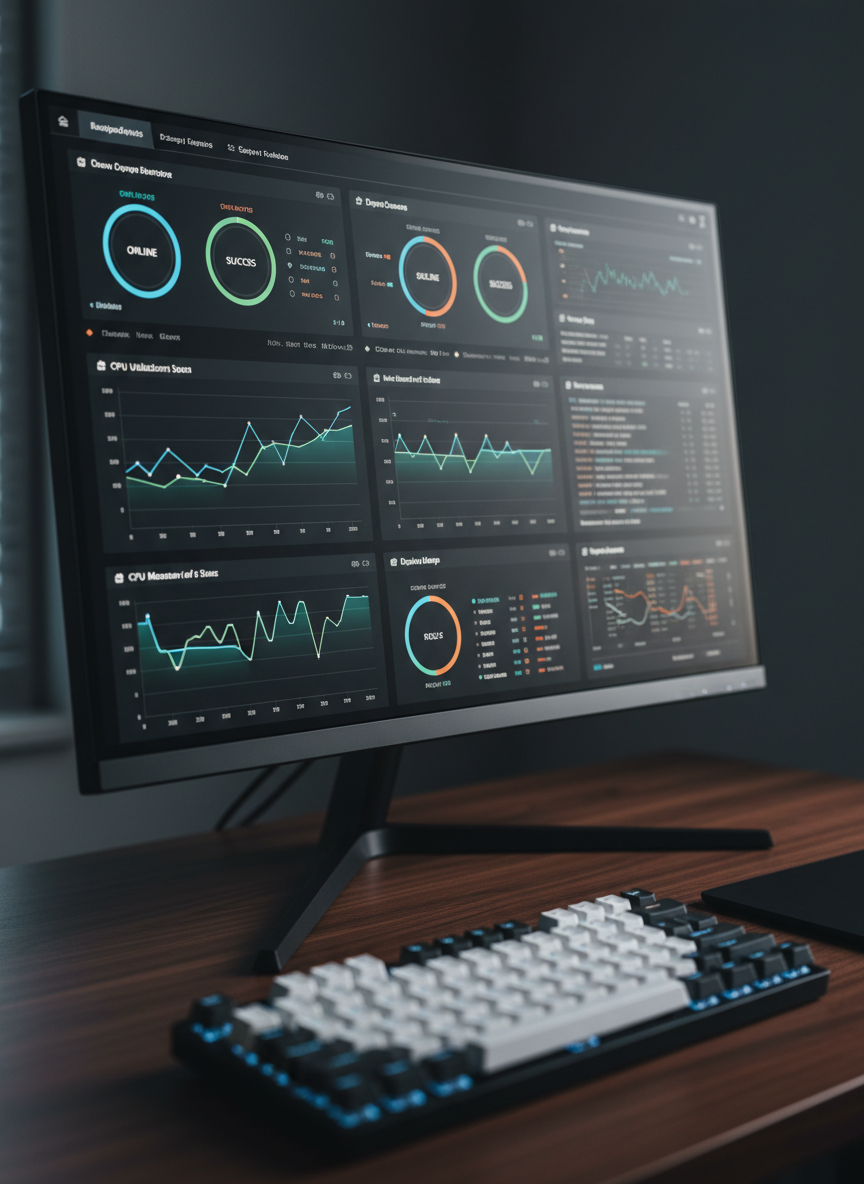 A close-up, cinematic view of a high-resolution monitor displaying a sophisticated backend dashboard: real-time system metrics, performance graphs, and deployment status indicators arranged in a clear, modern layout. The screen is framed by the edges of a slim, dark metal monitor bezel, with a compact mechanical keyboard and a low-profile trackpad visible at the bottom of the frame on a dark walnut desk. Dim ambient office light is complemented by the cool glow of the monitor, casting subtle reflections on the desk surface. Captured from a slight side angle with a shallow depth of field, the foreground keys are slightly blurred while the crisp dashboard interface is perfectly sharp. The mood is focused and technical, evoking reliability and precision in a realistic, professional photographic aesthetic.