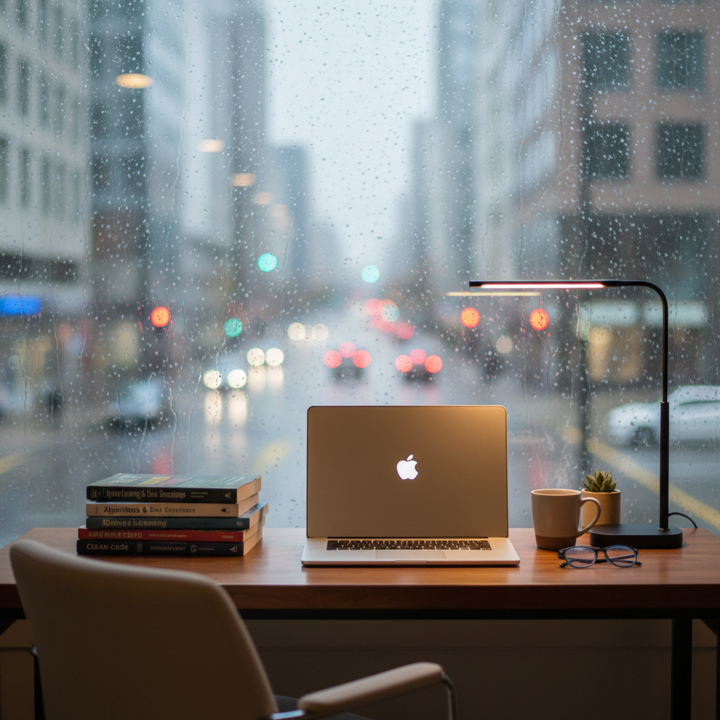 A refined, logo-free "about" image for a software engineer’s personal portfolio: a tasteful, ergonomic desk setup in front of a large window overlooking a rainy Seattle street, with droplets softly streaking down the glass and blurred city lights beyond. On the desk, a closed, brushed-aluminum laptop rests beside a neat stack of engineering books and a small, minimalist metal desk lamp. The lamp casts a warm pool of light on the laptop lid, contrasting with the cool, gray daylight filtering through the window. Captured at eye level with centered composition and moderate depth of field, the focus remains on the quiet, ordered workspace while the city outside is out of focus. The mood is calm, reflective, and professional, conveying dedication and craftsmanship in a realistic, photographic style.