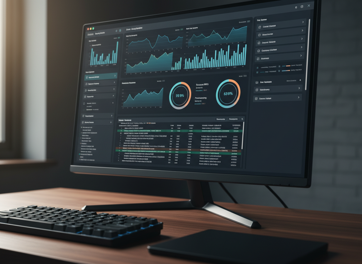 A close-up, cinematic view of a high-resolution monitor displaying a sophisticated backend dashboard: real-time system metrics, performance graphs, and deployment status indicators arranged in a clear, modern layout. The screen is framed by the edges of a slim, dark metal monitor bezel, with a compact mechanical keyboard and a low-profile trackpad visible at the bottom of the frame on a dark walnut desk. Dim ambient office light is complemented by the cool glow of the monitor, casting subtle reflections on the desk surface. Captured from a slight side angle with a shallow depth of field, the foreground keys are slightly blurred while the crisp dashboard interface is perfectly sharp. The mood is focused and technical, evoking reliability and precision in a realistic, professional photographic aesthetic.
