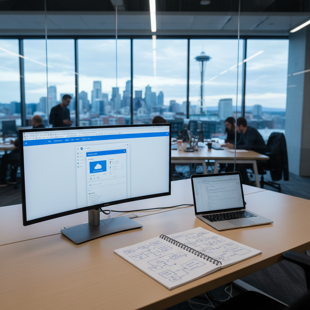 A polished, professional workspace showcasing a software architect’s planning process: a large, light-wood desk holds a single widescreen monitor, an open notebook with neat, hand-drawn system diagrams, and a slim metal laptop slightly angled. Behind the desk, a glass wall reveals a blurred view of a modern Seattle tech office with hints of city buildings outside. Cool, even studio-style lighting from above and the side highlights the clean surfaces and the subtle texture of the notebook pages, casting soft, controlled shadows. Shot from a slightly elevated angle using the rule of thirds, the monitor displaying a clean UI mockup is in sharp focus while the background gently blurs. The atmosphere is organized, methodical, and professional, emphasizing clarity and thoughtful engineering design in a realistic photographic style.