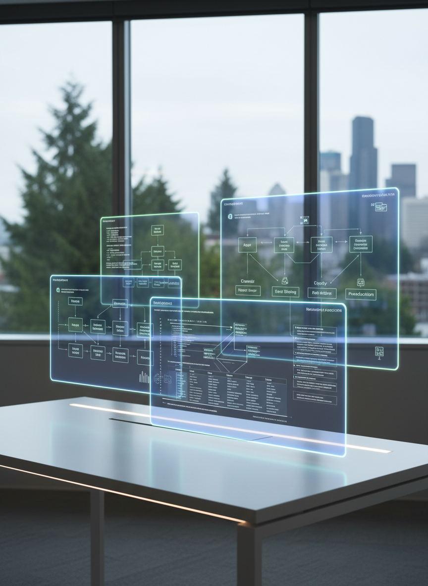 An abstract yet concrete representation of full-stack software engineering: multiple semi-transparent layers of virtual screens appear to float above a clean desk, each screen showing different stages of a web application—database schema, backend API routes, frontend component tree, and deployment pipeline diagrams. The physical environment is a modern, minimal Seattle office with a large window hinting at evergreen trees and downtown high-rises beyond, softly blurred. Natural overcast daylight mixes with subtle desk-level LED lighting, creating balanced, neutral illumination without harsh shadows. Shot from a three-quarter perspective with strong depth, the layered screens recede into the background, guiding the eye through the stack. The atmosphere is analytical and forward-looking, rendered in crisp photographic realism with a cool, professional tone that suggests depth, scalability, and thoughtful system design.