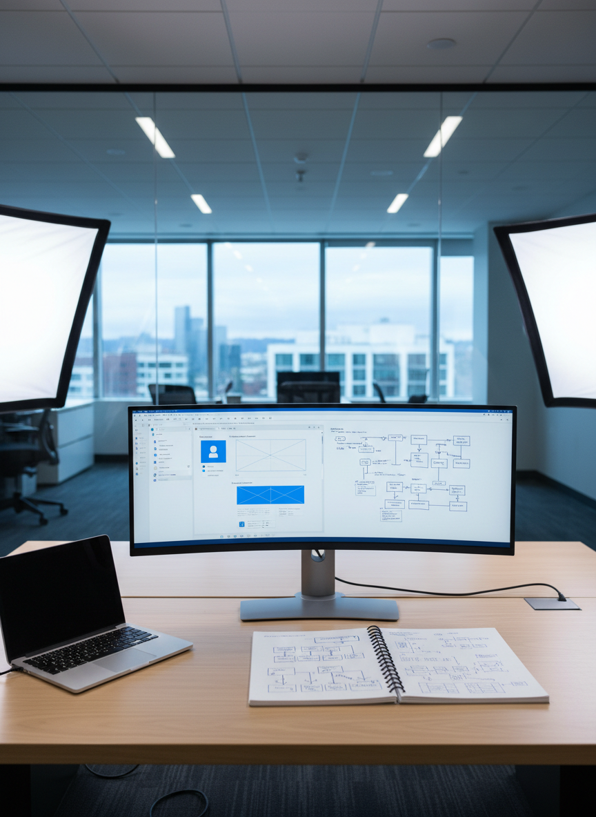 A polished, professional workspace showcasing a software architect’s planning process: a large, light-wood desk holds a single widescreen monitor, an open notebook with neat, hand-drawn system diagrams, and a slim metal laptop slightly angled. Behind the desk, a glass wall reveals a blurred view of a modern Seattle tech office with hints of city buildings outside. Cool, even studio-style lighting from above and the side highlights the clean surfaces and the subtle texture of the notebook pages, casting soft, controlled shadows. Shot from a slightly elevated angle using the rule of thirds, the monitor displaying a clean UI mockup is in sharp focus while the background gently blurs. The atmosphere is organized, methodical, and professional, emphasizing clarity and thoughtful engineering design in a realistic photographic style.