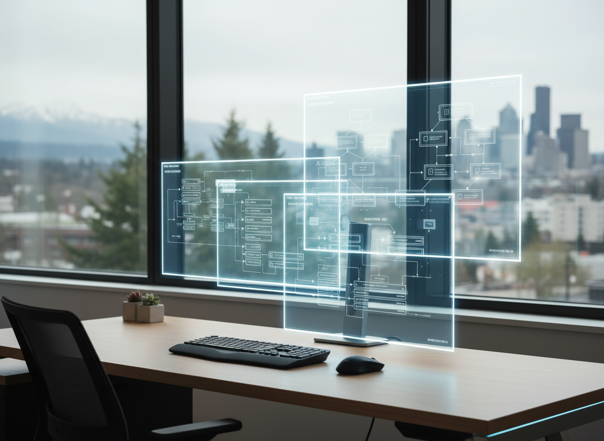 An abstract yet concrete representation of full-stack software engineering: multiple semi-transparent layers of virtual screens appear to float above a clean desk, each screen showing different stages of a web application—database schema, backend API routes, frontend component tree, and deployment pipeline diagrams. The physical environment is a modern, minimal Seattle office with a large window hinting at evergreen trees and downtown high-rises beyond, softly blurred. Natural overcast daylight mixes with subtle desk-level LED lighting, creating balanced, neutral illumination without harsh shadows. Shot from a three-quarter perspective with strong depth, the layered screens recede into the background, guiding the eye through the stack. The atmosphere is analytical and forward-looking, rendered in crisp photographic realism with a cool, professional tone that suggests depth, scalability, and thoughtful system design.
